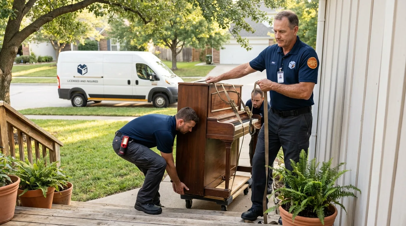 Licensed piano movers securing grand piano in Watford City, ND