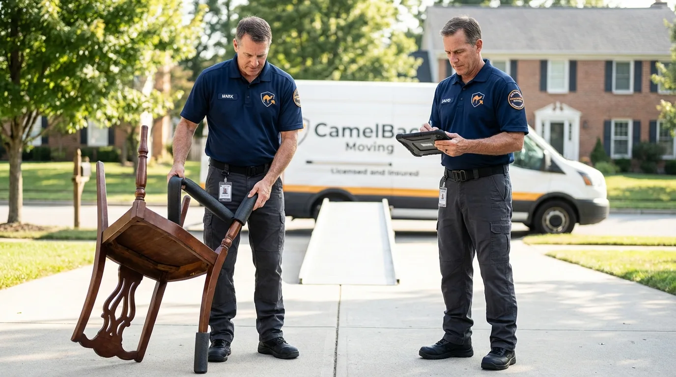 Movers inspecting furniture for damage prevention before loading in Watford City, ND