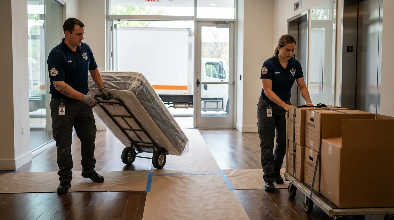 Professional apartment movers loading elevator in Watford City, ND