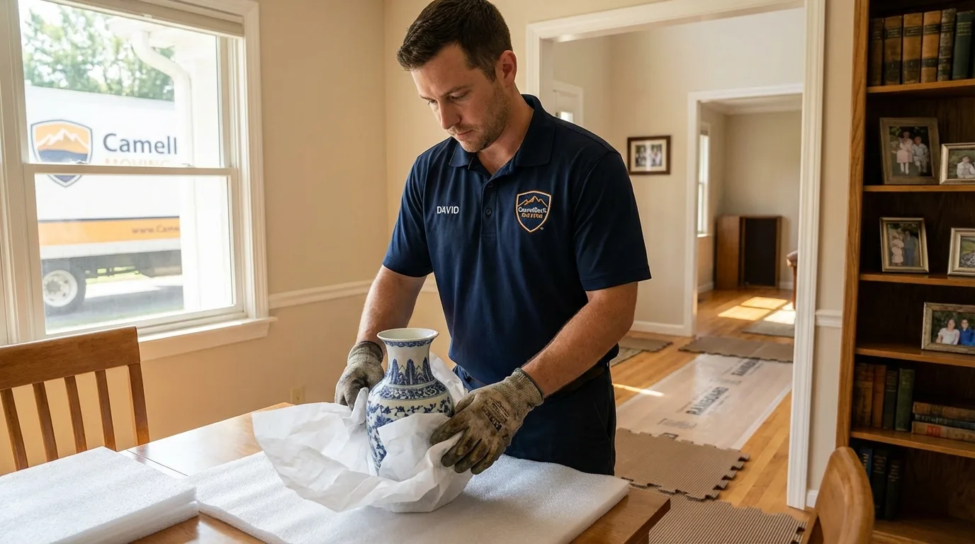 Professional crew carefully wrapping antique vase for senior downsizing move in Watford City, ND