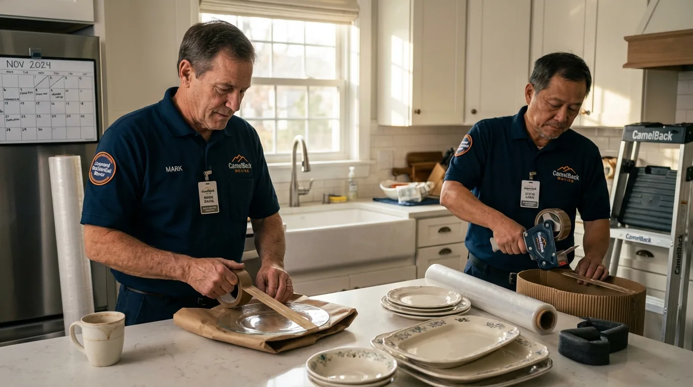 Professional crew packing kitchen dishware in Watford City, ND